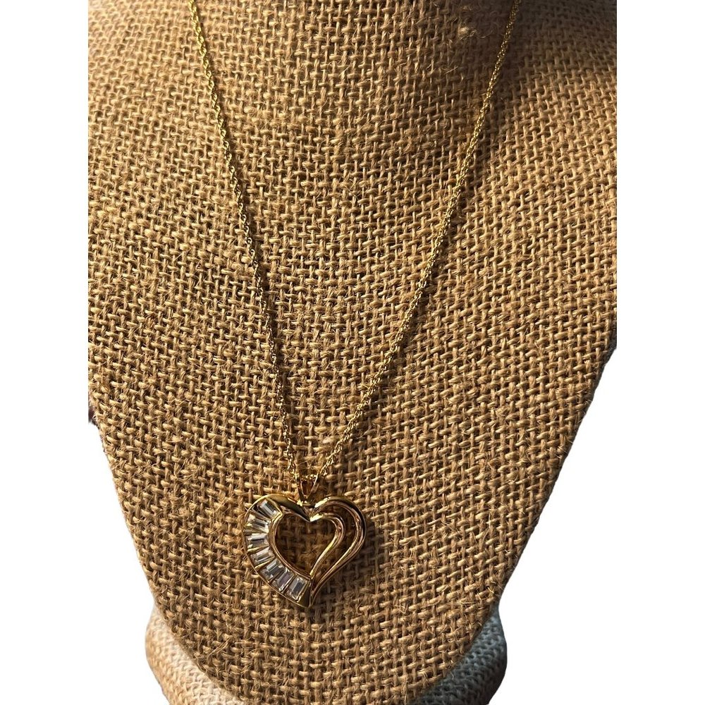 Vintage Avon Gold Tone Necklace Open Heart Pendant Baguette rhinestones